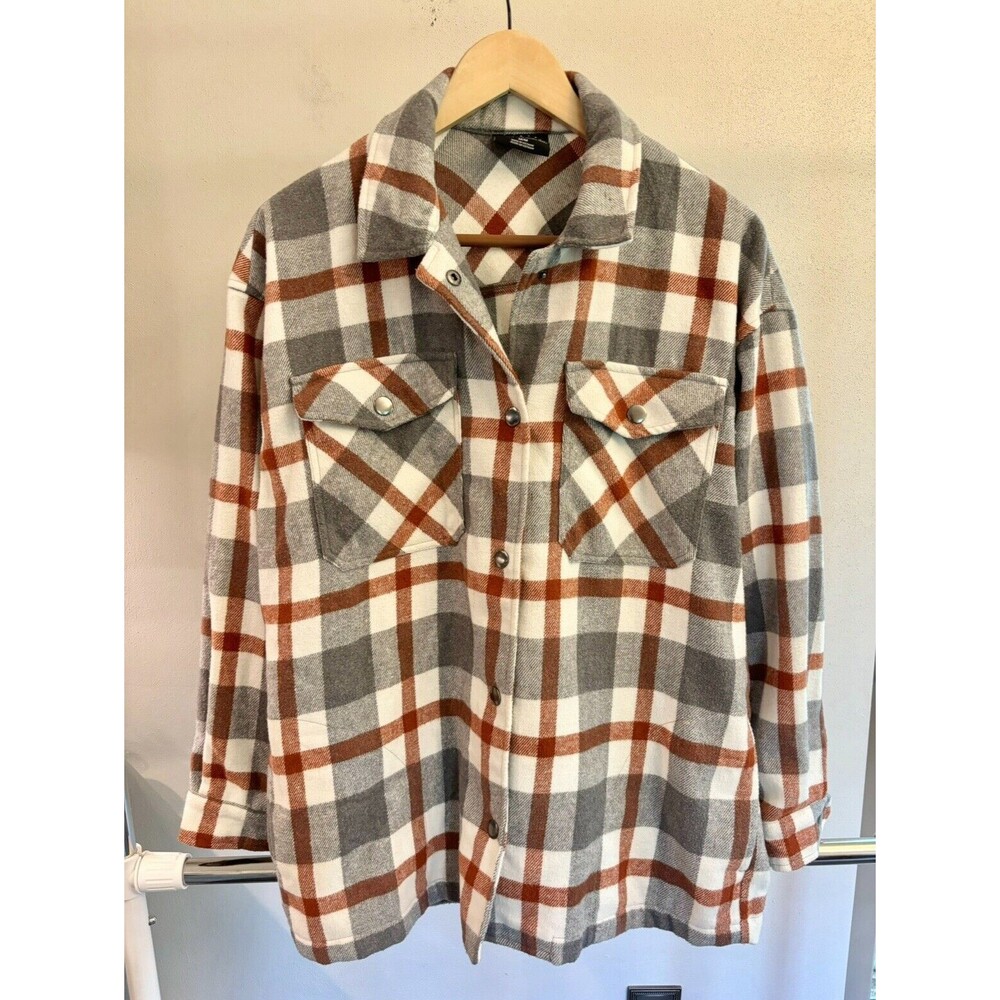 HFX Men's Gray‎ Plaid Flannel Wool Blend Long Sleeve Medium Snaps Shirt